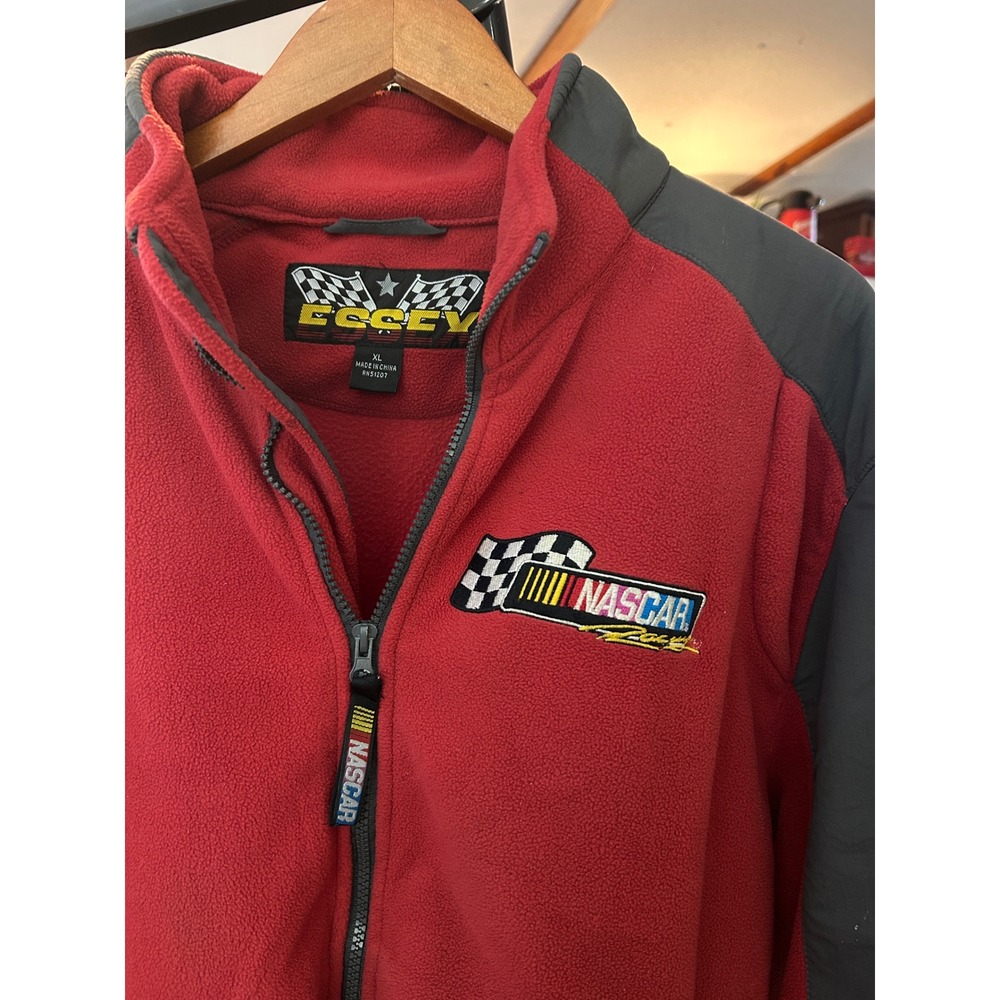 NASCAR Racing Jacket Mens XL Fleece Checkered‎ Flag Gray Red Full Zip vintage